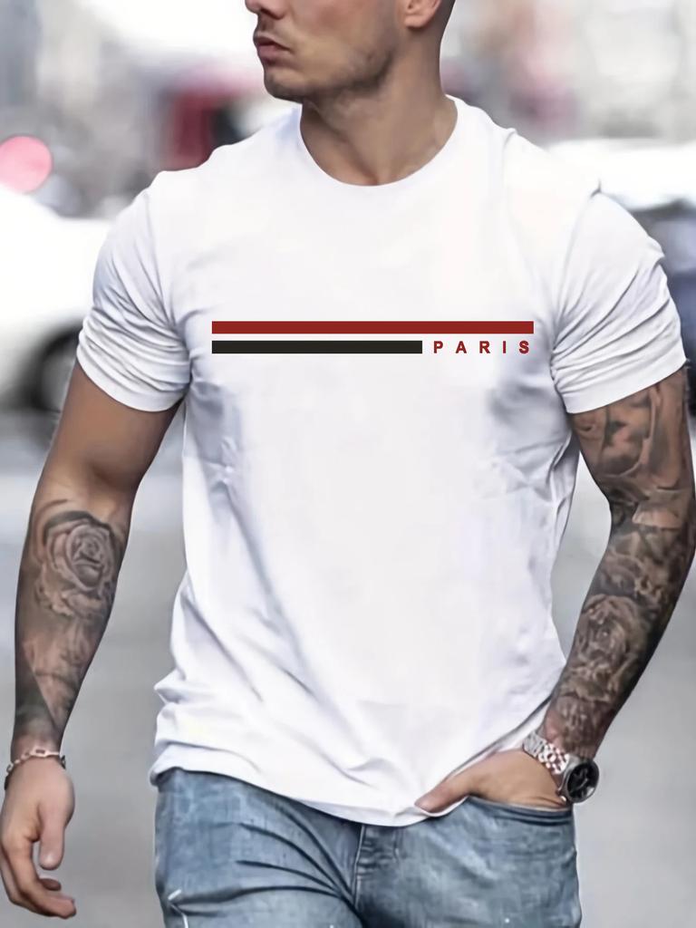 2025 New Summer Men's Cotton Paris Letter Printing Casual Sports Versatile Street Crew Neck Short Sleeve T-Shirt Top Large Size