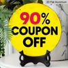 2D Flat, 1pc Round Aluminum Hanging Sign. "90% Coupon Off" Bold Yellow & Black Design. Retro Distressed Clearance Plaque. Ideal for Retail Shop