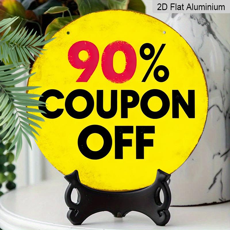 2D Flat, 1pc Round Aluminum Hanging Sign. "90% Coupon Off" Bold Yellow & Black Design. Retro Distressed Clearance Plaque. Ideal for Retail Shop