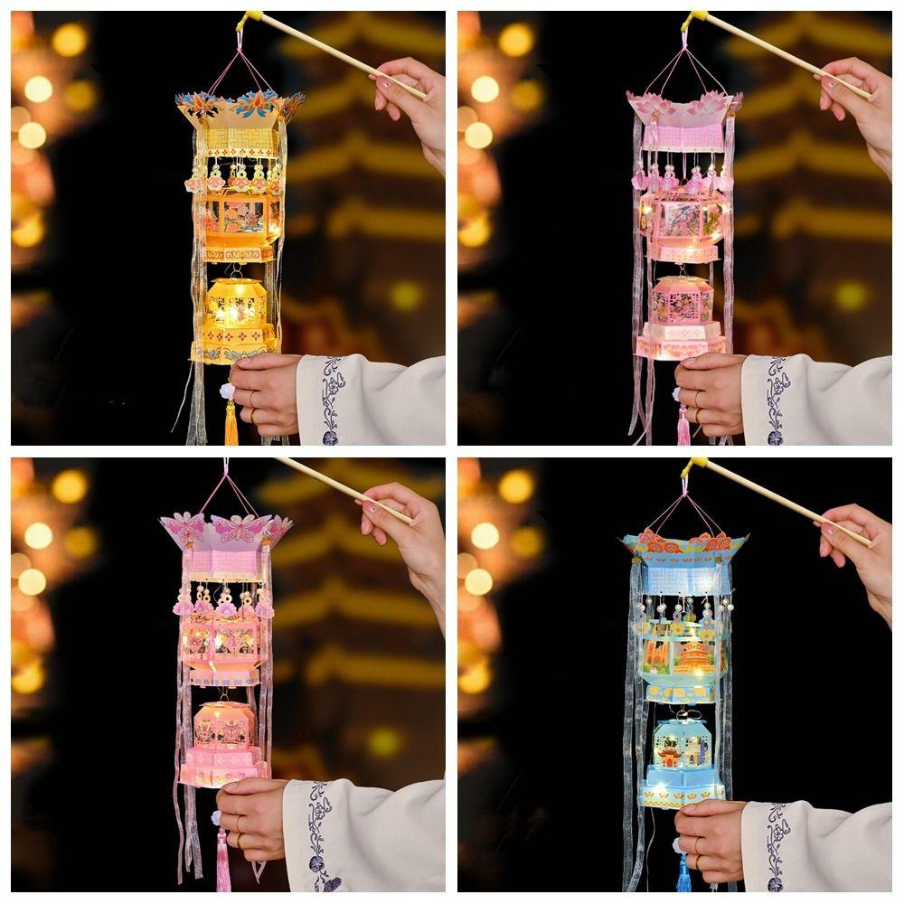 3D Middle Autumn Festival Lantern Paper Handmade Ancient Style Handheld Lantern Cartoon Luminous