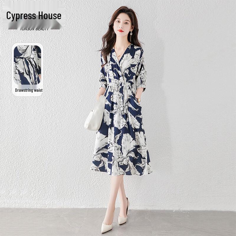 Sibaishe Women s Printed V-Neck Waist-Cinched Midi Dress XXL