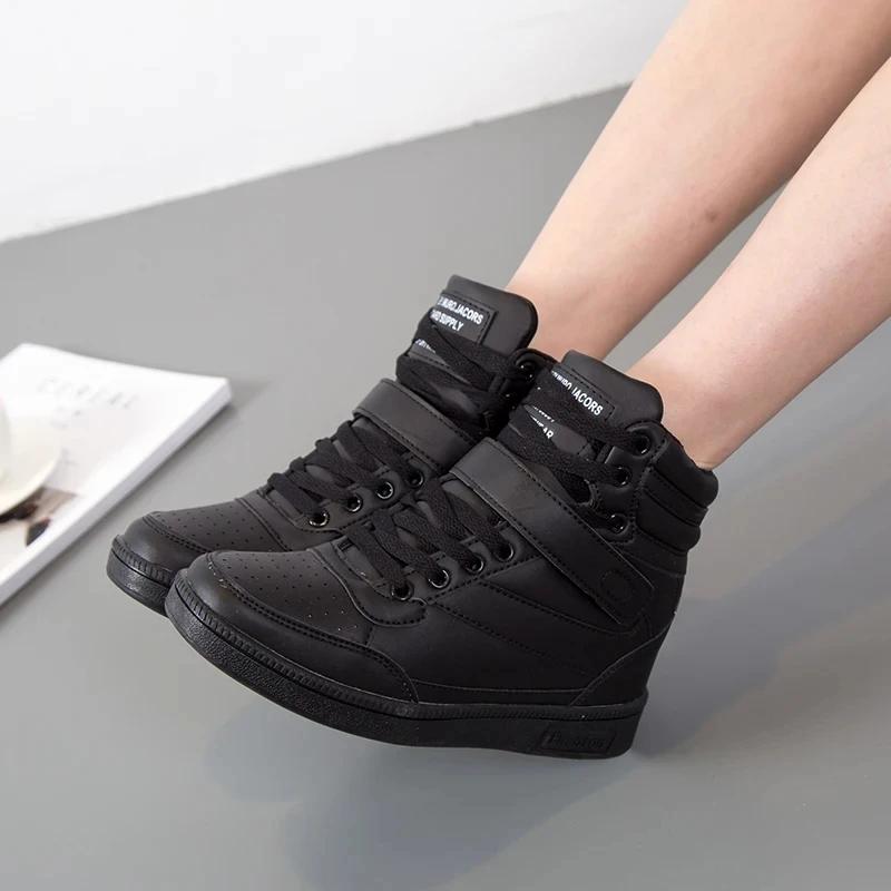 Fashion Brand Womens Breathable High Top Skateboard Shoes Casual Non-slip Sport Shoes Ladies Platform Hidden Increasing Leather Sneakers
