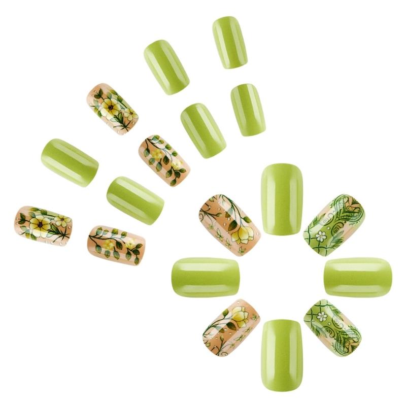 24 Stück Mittlere Quadratische Press-On Nägel Grüne Acryl-Fingernägel Glänzende Künstliche Nägel Blumen Aufkleber für Party