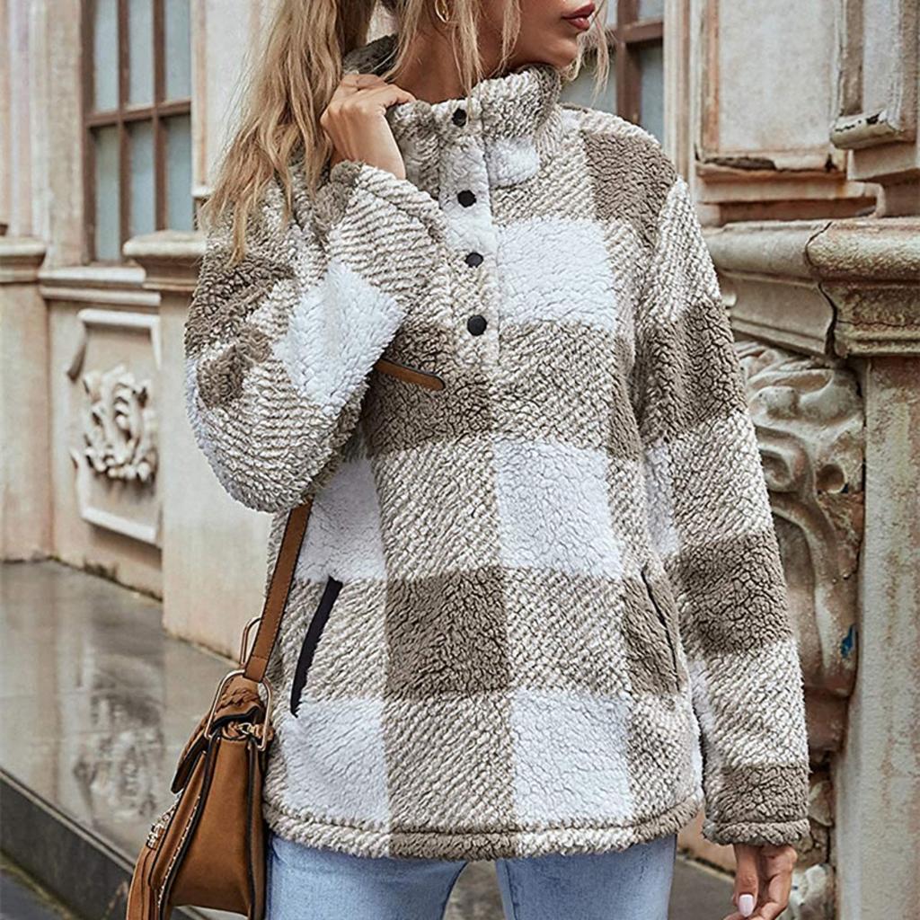 2025 Nowy Damski Sweter Golf z Polaru w Kratę Luźny Krój Pulower Jesień Zima Moda