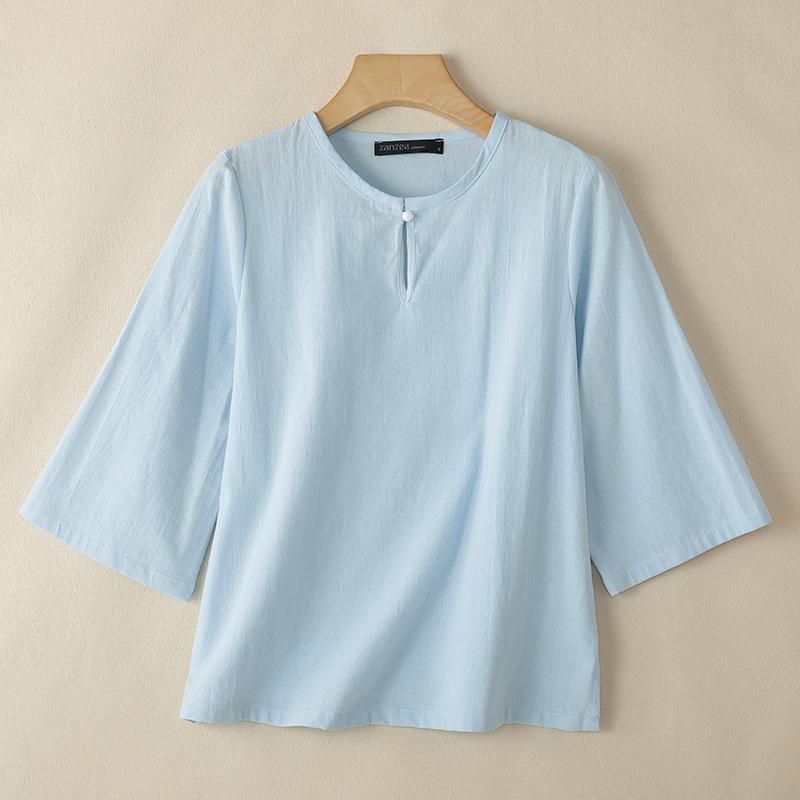 ZANZEA Blusa da donna a maniche 3/4 a girocollo in cotone ampio a tinta unita