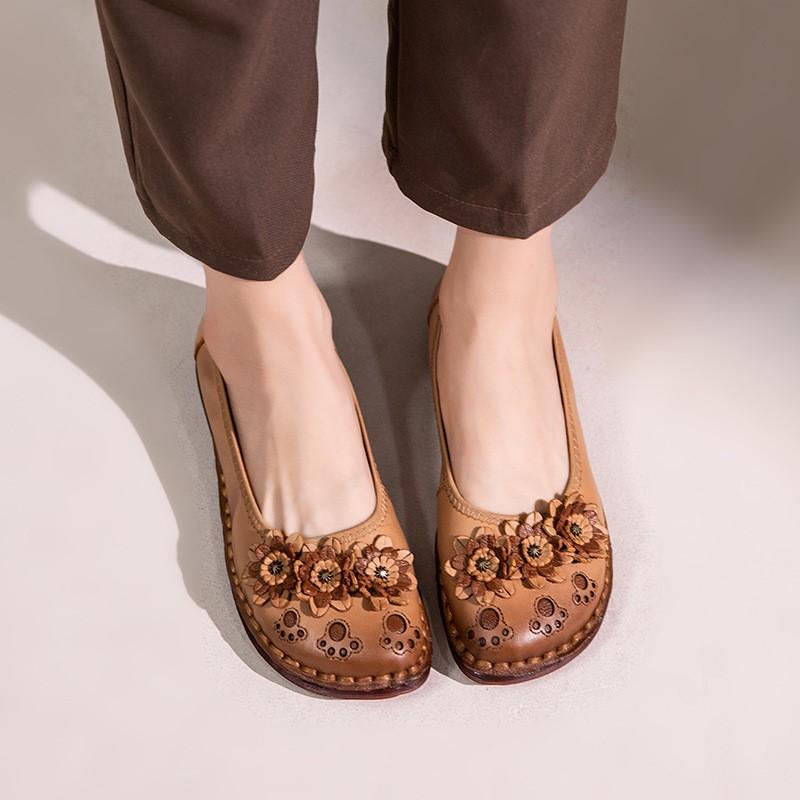 Fashion GKTINOO 2025 New Ethnic Style Genuine Leather Loafers Comfortable Soft Sole Flower Flats Round Toe Versatile Women's Shoes