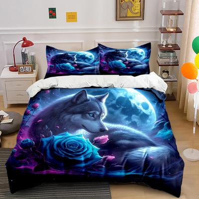 Bettwäsche-Set mit Wolf- und Rosen-Print Sportbegeisterte Bettdeckenbezug 1 Bettdeckenbezug 2 Kissenbezüge Bettwäscheset für Erwachsene und Kinder Luxus