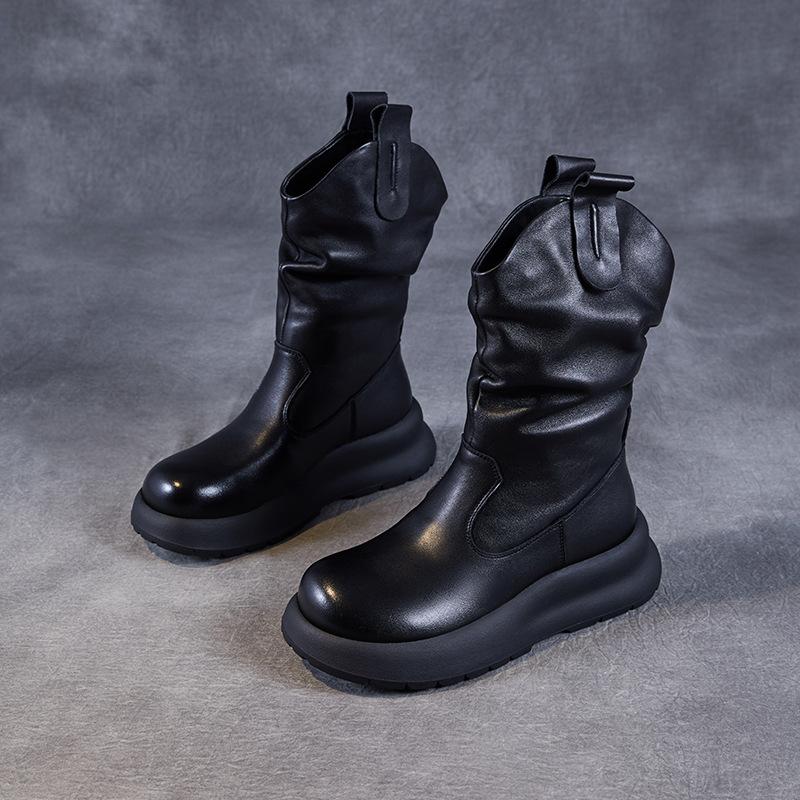 Mid-calf Leather Boots with Pleats, Stylish Women's New Shoes, Fashionable Boots