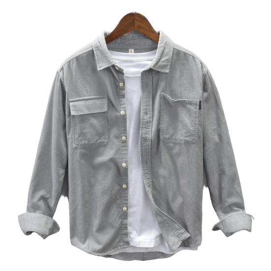 Men Autumn Shirt Single-breasted Loose Solid Color Long Sleeves Flap Pocket Dress Up Soft Turn-down Collar Spring Coat for Daily Wear