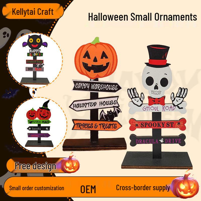 Creative Wooden Halloween Ghost and Pumpkin Ornament for Desktop Display