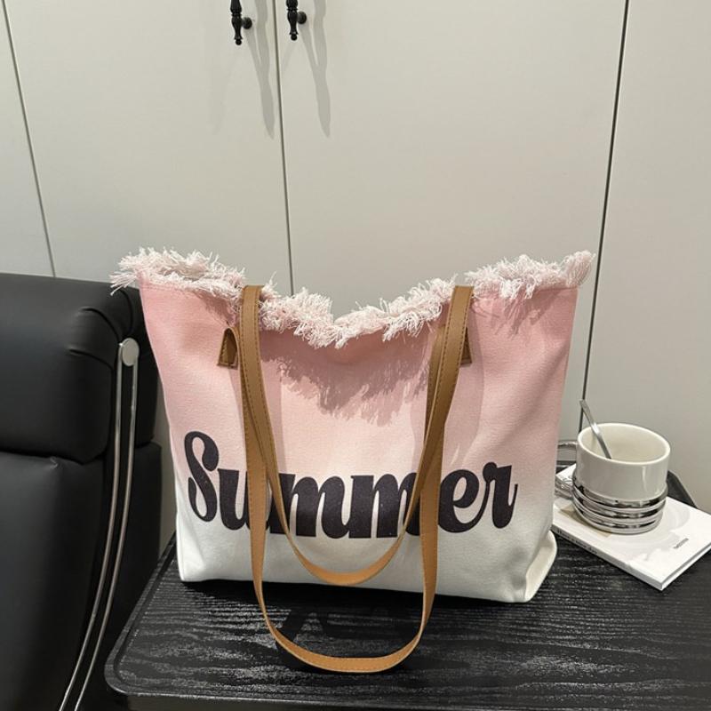 Summer Large Capacity Women Canvas Shoulder Bags Casual Tassel Design Ladies Beach Tote Bag Ctrast Color Letter Female Handbag