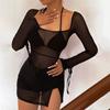 Sexy Sheer Mesh Dress Long Sleeve Square Neck High Slit Dress