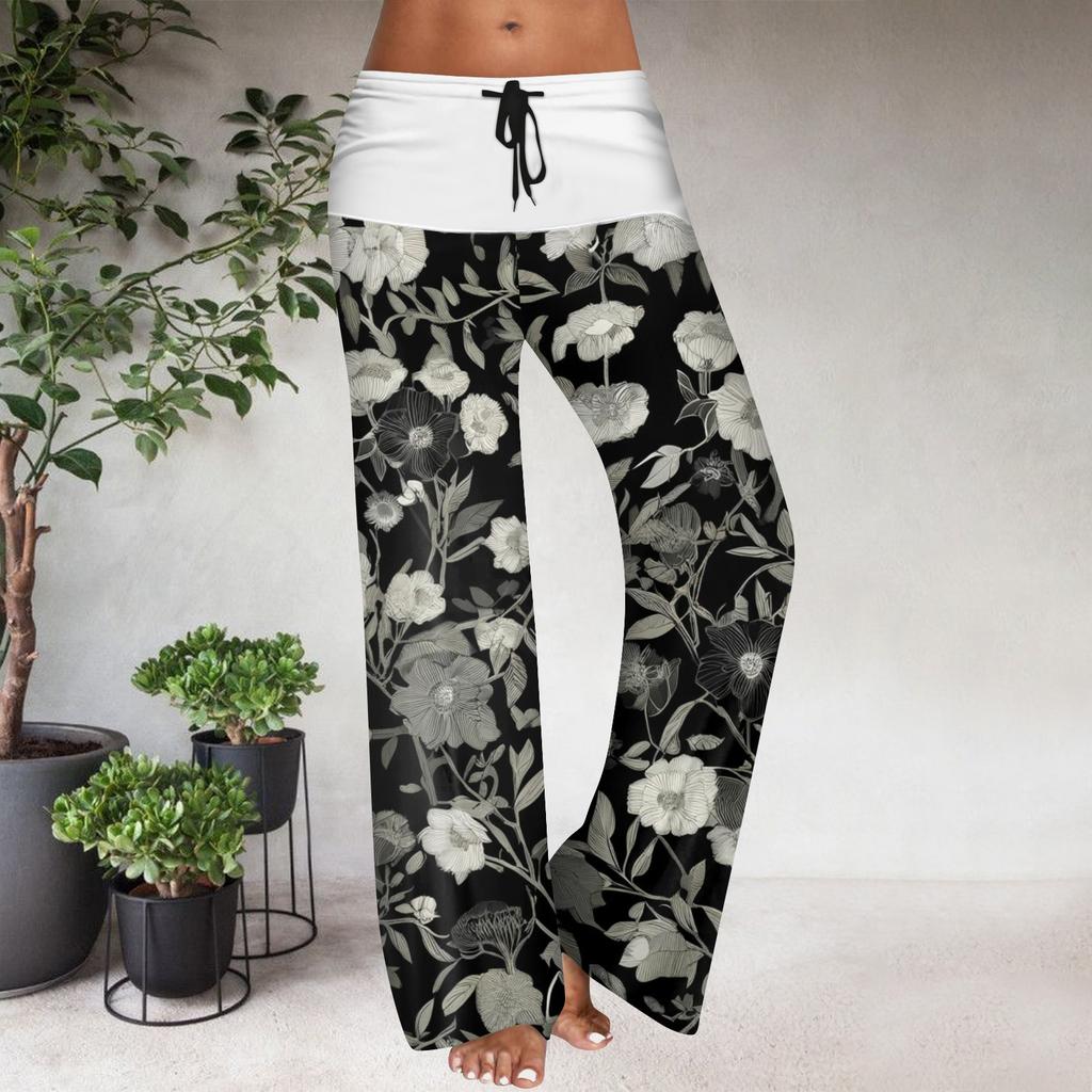 Women's Drawstring Elastic Waistband Wide Leg Color Matching Floral Printed Casual Pants