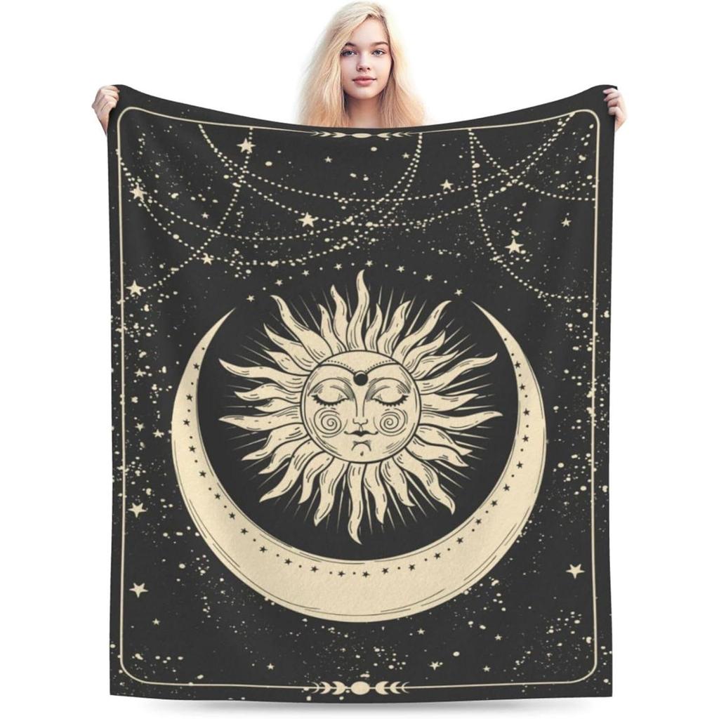 Tarot Sun and Moon Flannel Fleece Throw Blankets, Boho Sun Moon and Star Cozy Blanket On for Home Bedroom Living Room Office Dor