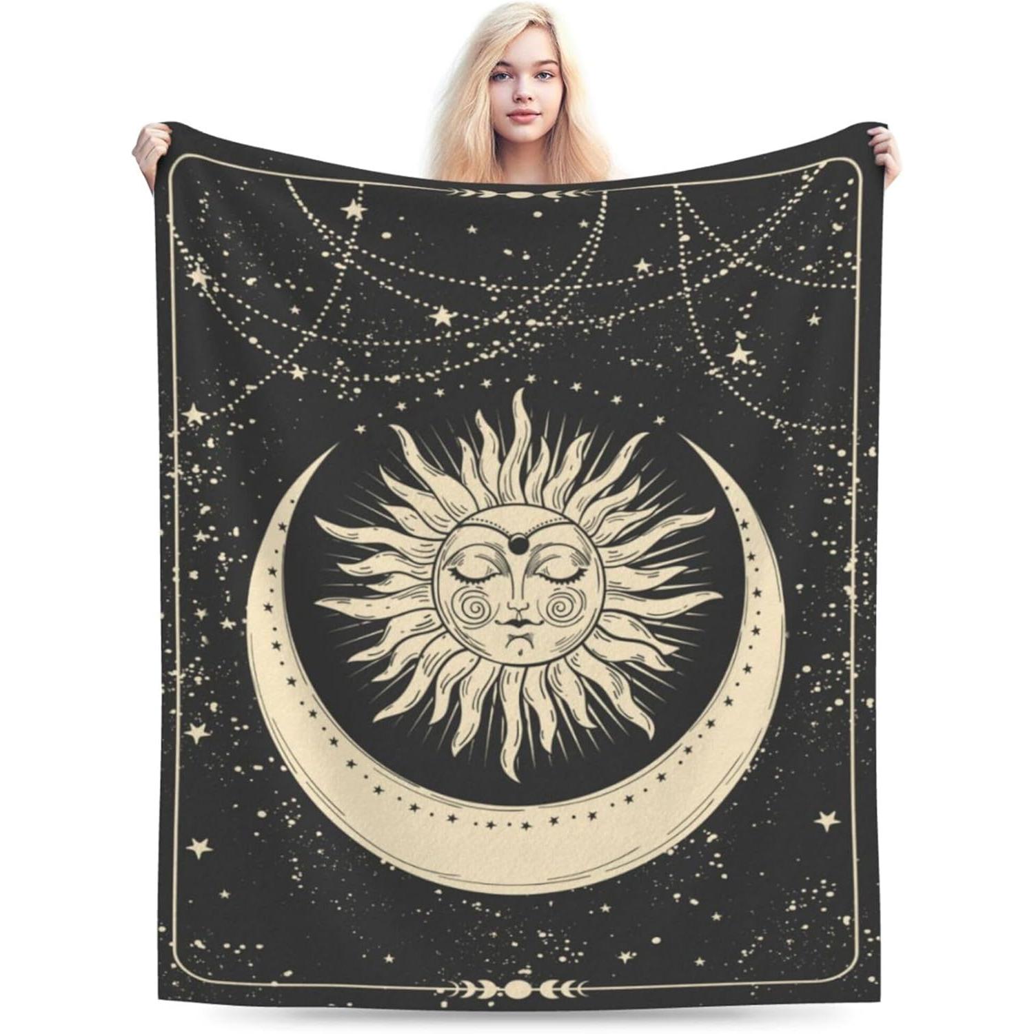 Tarot Sun and Moon Flannel Fleece Throw Blankets, Boho Sun Moon and Star Cozy Blanket on for Home Bedroom Living Room Office Dor 75x90cm