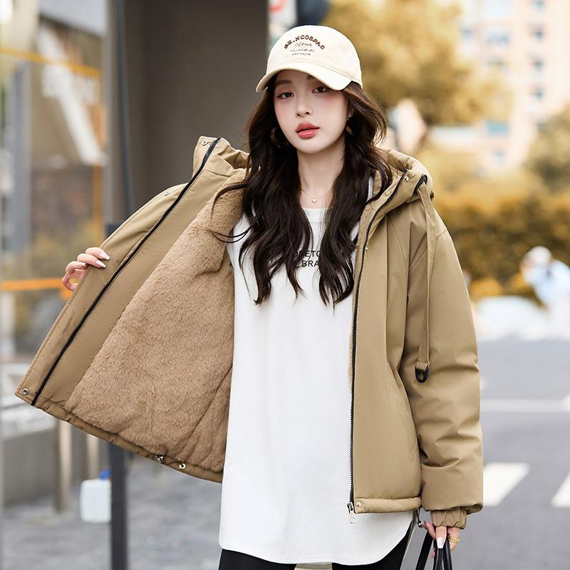 Damen Kapuzen-Pufferjacke Unifarben Reißverschluss Kordelzugbündchen Lockere Passform Warmer Baumwollwattierter Mantel