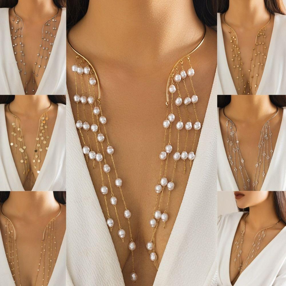 Chest Chain Long Tassel Star Necklace Goth Open Torques Choker Crystal Sequin Pendant  Jewelry Gift