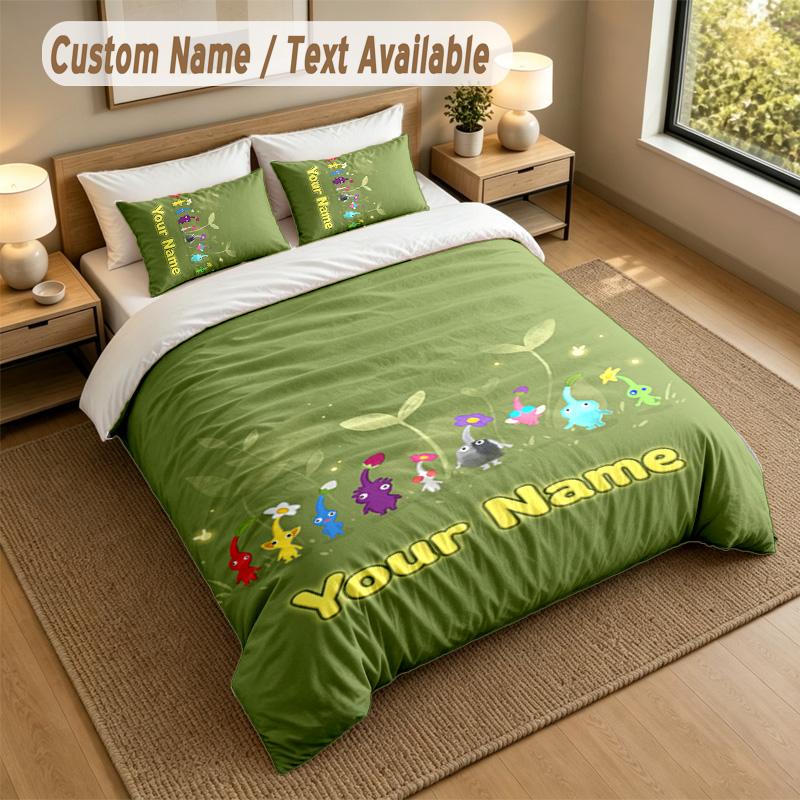 3Pcs Bedding Set Custom Name Text, 1 Sheet 2 Pillowcases Home Bed DecorPikmin