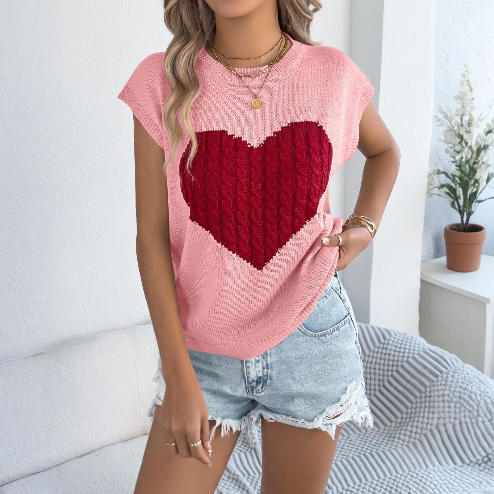 

Женский модный вязаный топ с контрастным цветом и сердцем, повседневный, свободный S розовый