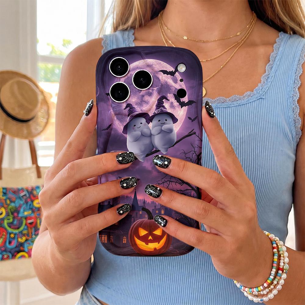 Halloween Cute Ghost Witch Broom Wavy Edge Phone Case For iPhone 16 15 14 Pro Max 13 12 11 Mini XR XS SE 2020 17 Air Cover
