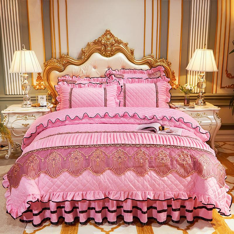 European-Style Crystal Velvet Lace Bed Skirt Winter Fleece-Lined Warm Quilted Bed Cover Bed Skirt Cover Bedding