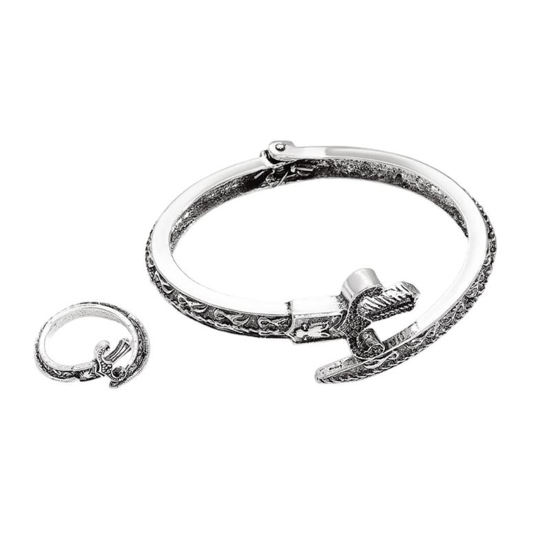 

Elegant Snake Shape Open Bangle Bracelet and Rings Set Vintage Engraved Design Adjustable Size for Women and Men