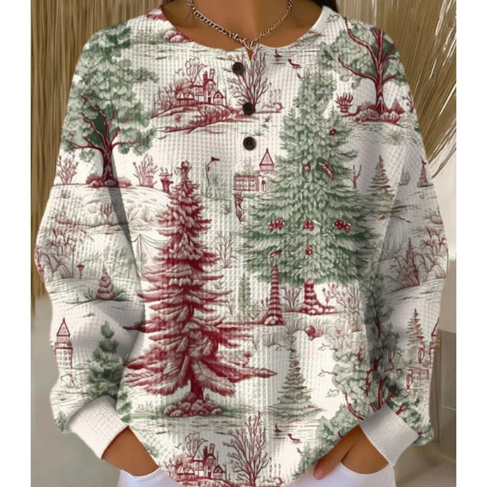 Women's Crew Neck Three‑Button Placket Color‑Block Striped Waffle Knit Loose Long Sleeve Top