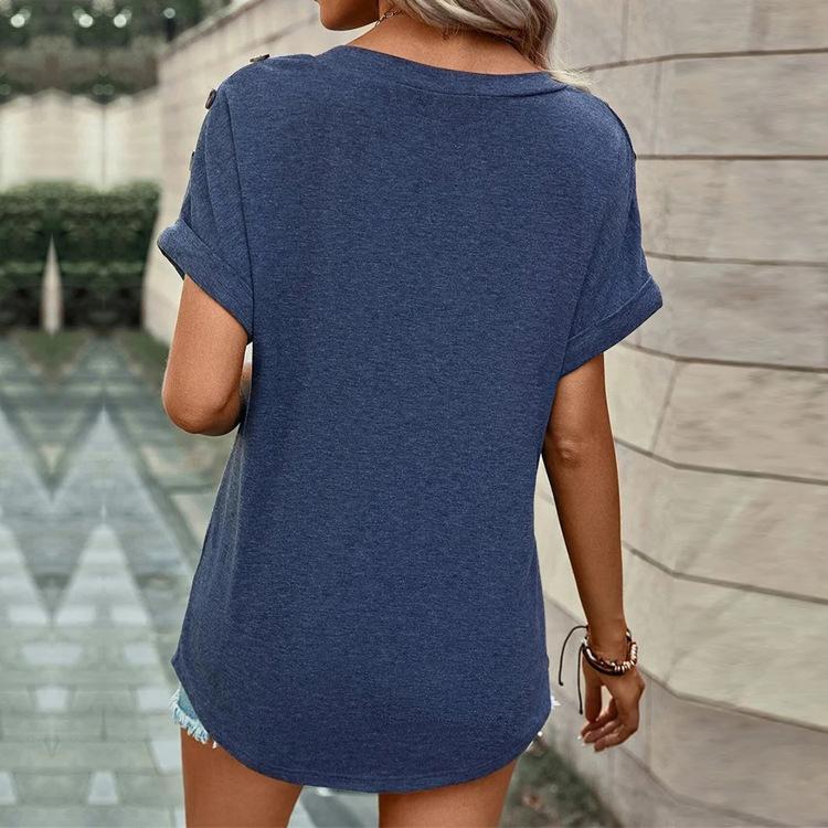 Summer Cotton Tops Women Blouses Casual V-Neck Solid Button Street Hipster Short Sleeve Shirts Clothes