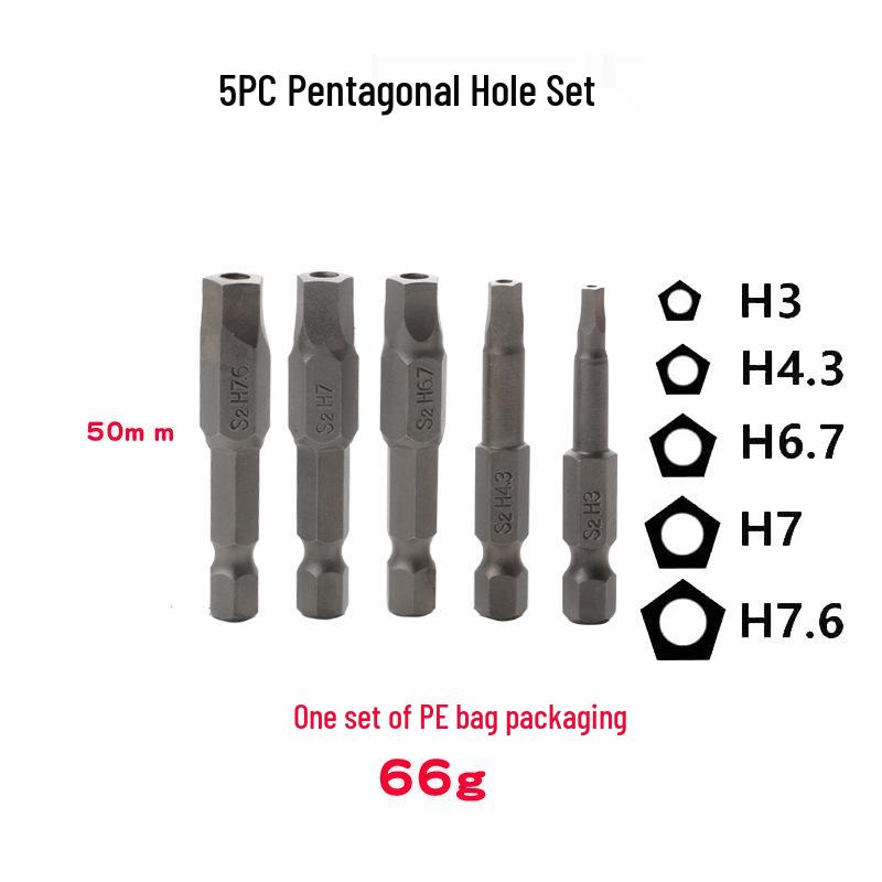 5-teiliges 5-Zahn 50mm sandgestrahltes S2 Sternschraubendreher-Bit-Set mit Mittelloch