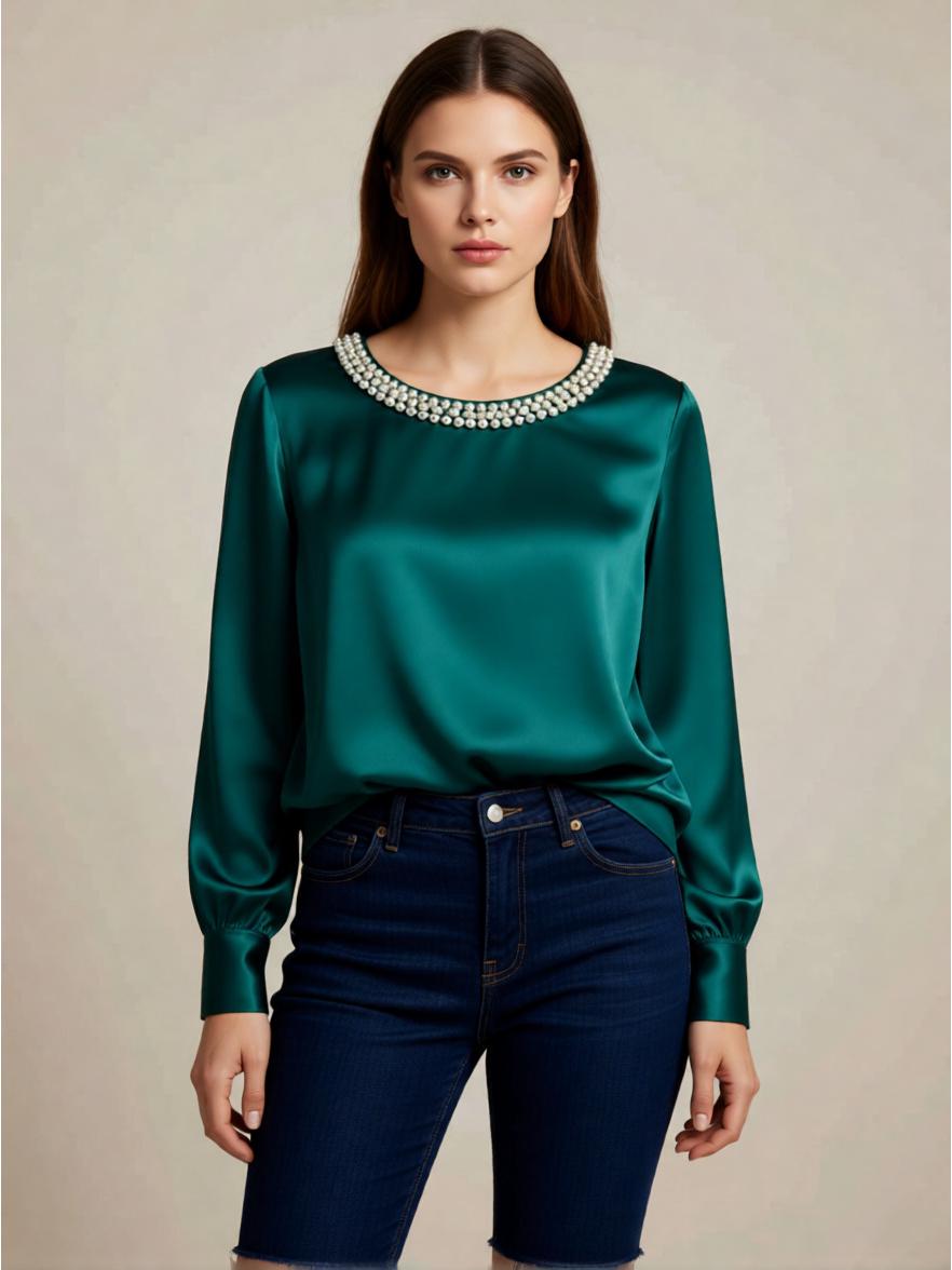 2026 Spring/Summer French Style Satin Pearl Round Neck Women s Top M зелёный