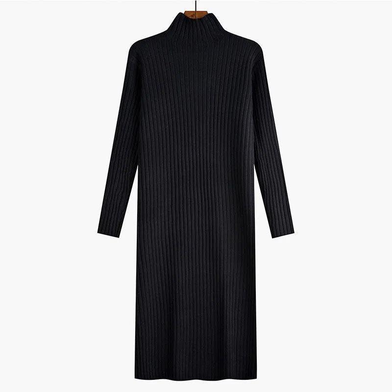 2025 Autumn/Winter Plus Size Over-the-Knee Knit Dress - Solid Color, Versatile Style