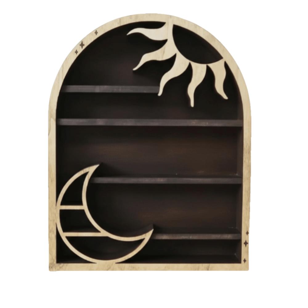 Wooden Material Wood Storage Shelf Moon Design Bohemian Style Crystal Shelf Crescent Sun Design Vintage Style Display Rack