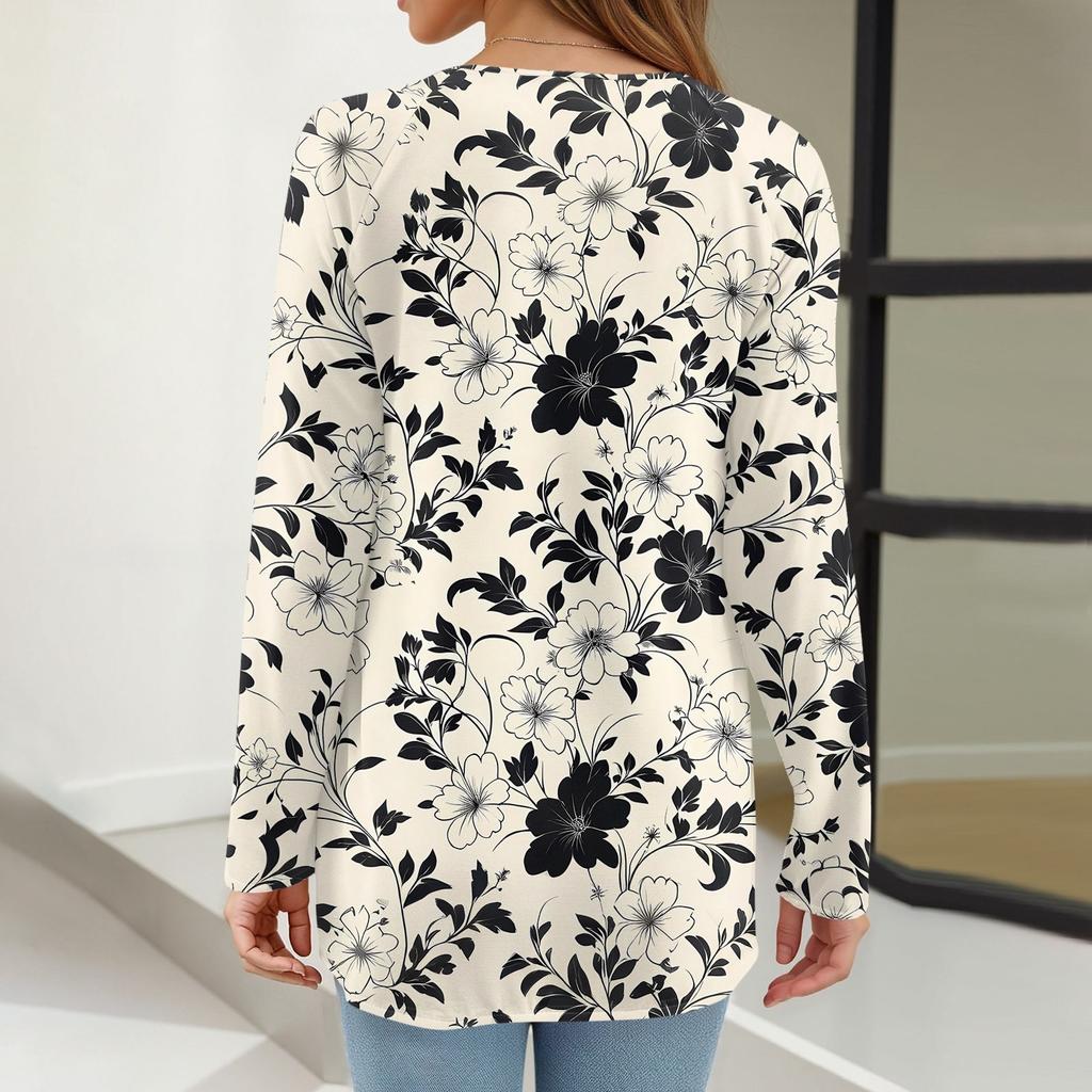 Women's Fashion Casual Long Sleeve Print Round Neck Pullover Top Blouse