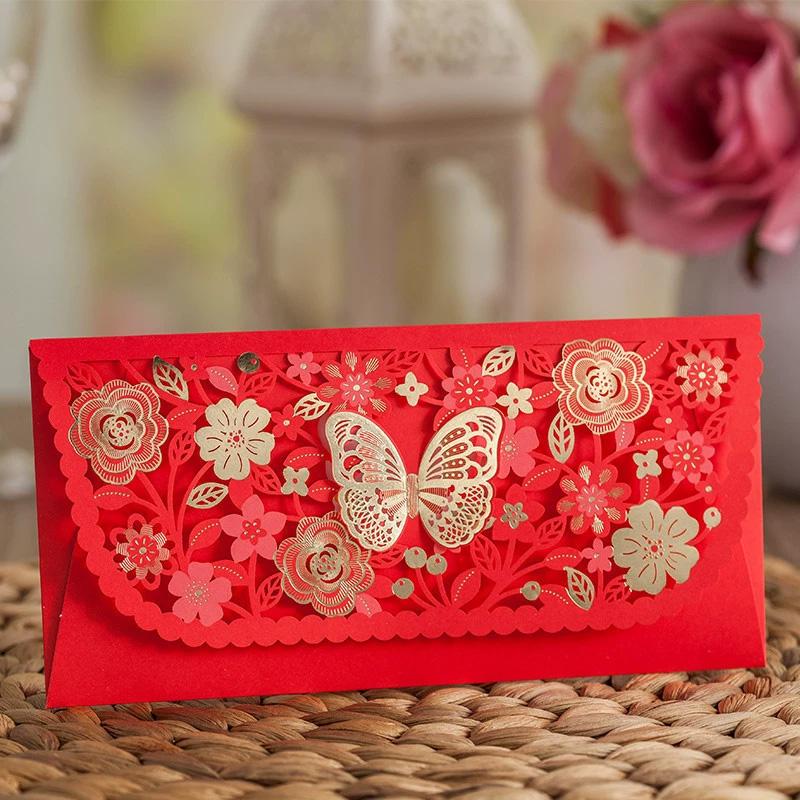1PC Lucky Money Bag Rectangular Laser Engraving New Year Red Envelopes Marriage Hollow Embossed 3D