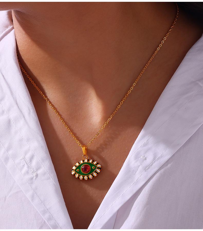 Bohemian Devil's Eye Pendant Necklace in Enamel & Titanium Steel with Rhinestones for Women