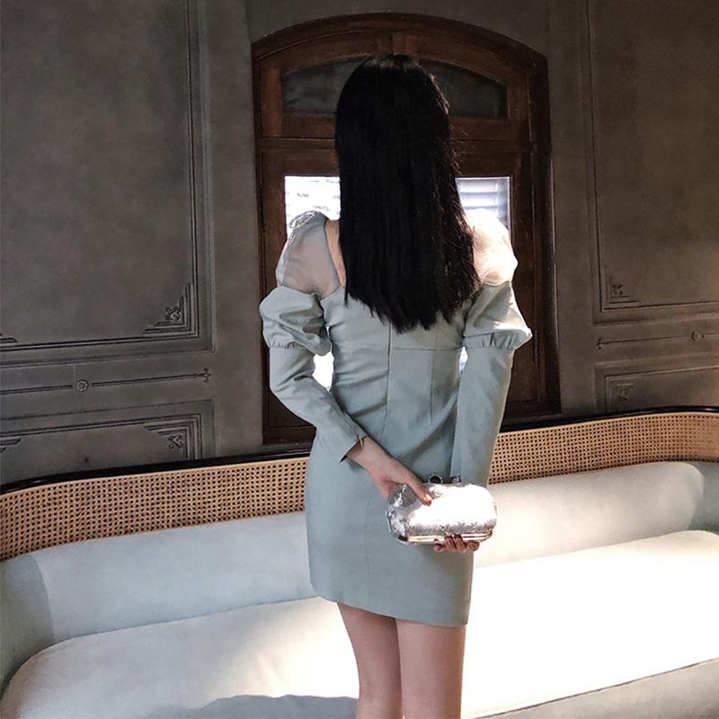 2021 Autumn Light Blue Long-Sleeved Bow Diamond Party Dress