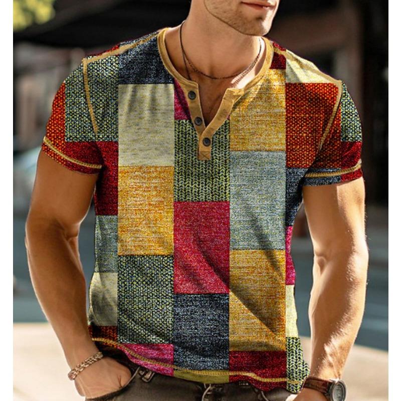 Simple Plaid 3D Printed Stand-Up Collar Men'S Casual Short-Sleeved T-Shirt