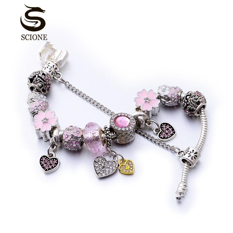 SCIONE Prezenty na Walentynki Biżuteria Srebrny Zestaw Bransoletek Różowa Kochaj Swoje Serce Kwiat Opalowa Bransoletka