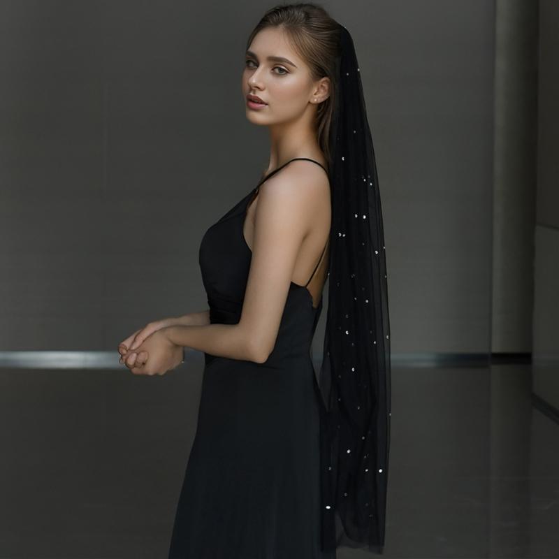Elegant Black Bridal Veil With Rhinestones Embellishments Unique Headpieces Headwear For Weddings And Special Occasion
