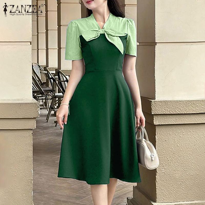 ZANZEA Rochie Casual de Damă cu Funde, Gât în V, Mânecă Scurtă, Patchwork