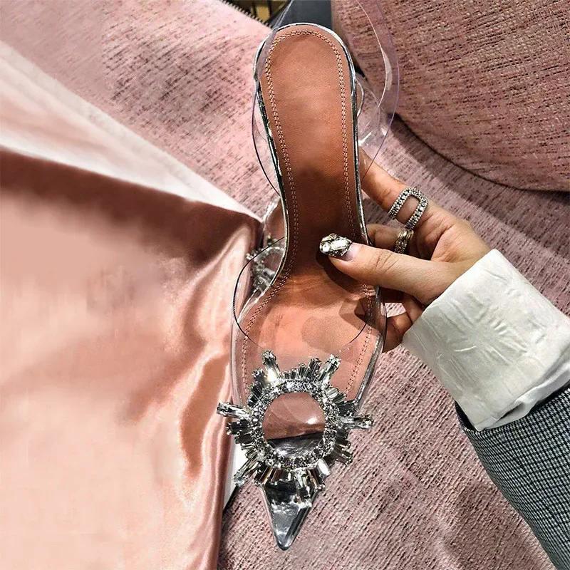 Luxury Designer CRYSTAL Diamond PVC Transparent High Heels Women Sexy Pointed Toe Women Pumps Elegant Banquet Prom Dress Shoes