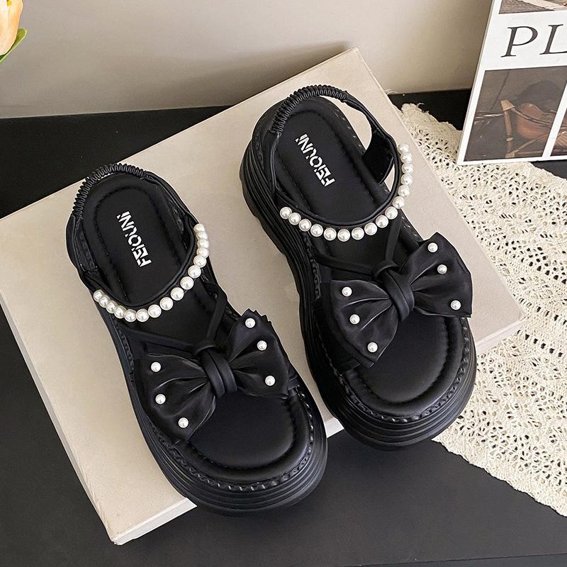 High-heeled Summer Bow Fairy Wind Platform One-word Pearl Sandals Women's 2025 New Fashion Roman Women's Shoes