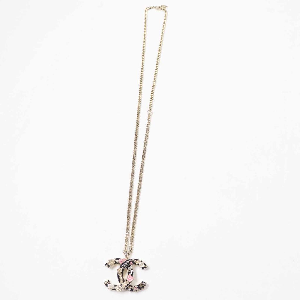 CHANEL Necklace Camellia Perfume Bag Icon Design COCO Mark black Pinkgold B24P Used