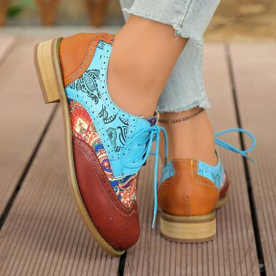 Chaussures simples Brock style ethnique rétro assorties de couleurs bout rond talon épais talon bas lacets sur le devant chaussures simples chaussures décontractées