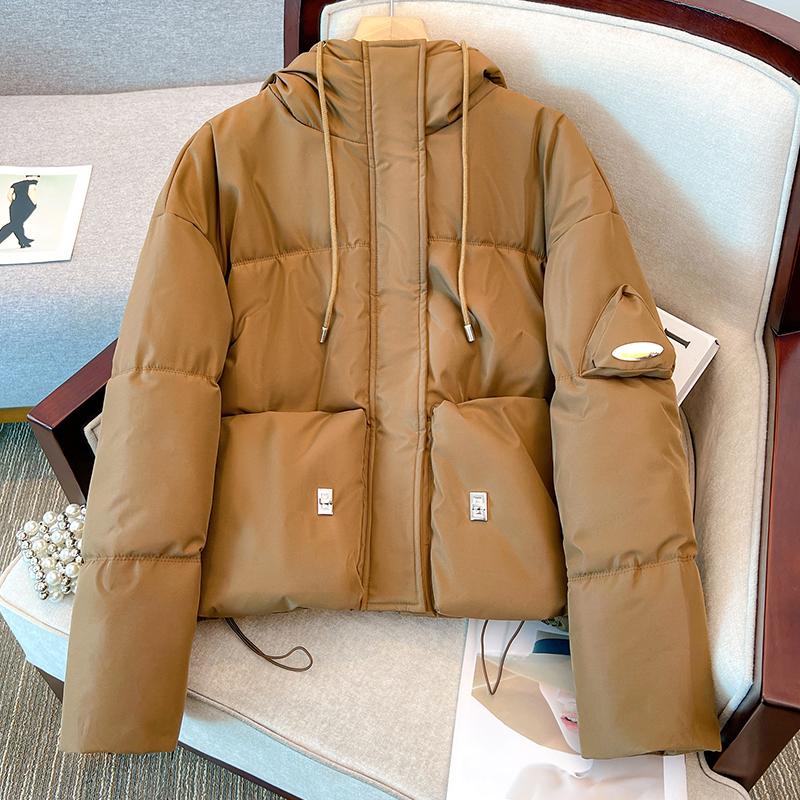 Women Autumn Winter Hooded Collar Long Sleeve Solid Color Warm Coat Drawstring Zipper Loose Parka