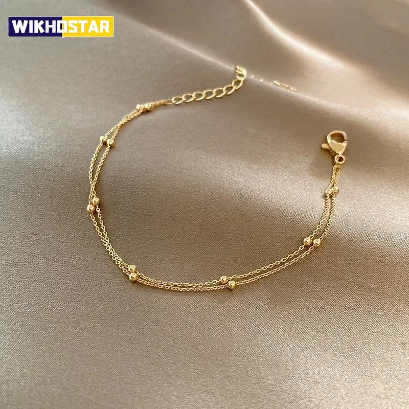 Trendy Double Layers Small Round Beads Bracelet Women's Hand Bracelets Gold Color Chain Simple Female Ball Bracelet Jewelry