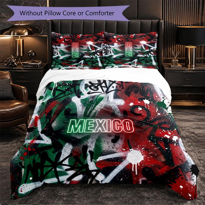 Mexico footbal Pattern 3 Pieces Bedding Set Soft Microfiber Duvet Cover with Pillow Cases for Bedroom