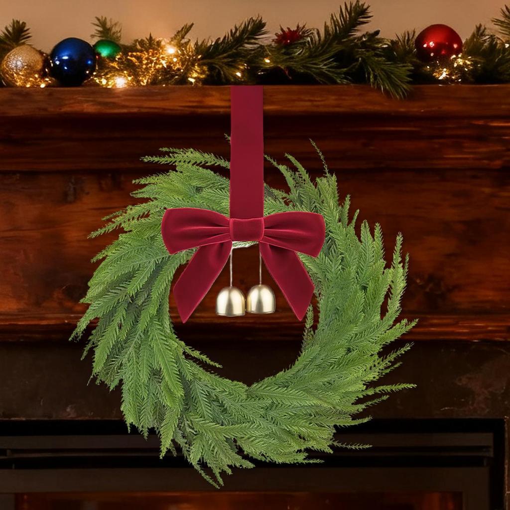 Small Christmas Wreath Artificial Seasonal Decoration with Red Bows and Bells Christmas Artificial Wreath for Window Mantel