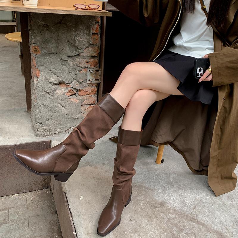 Winter Pleated Pointed Toe Woman Knee-High Boots Designer Splicing Thick Heels Long Booties Shoes