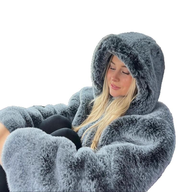Womens Gradient Black White Dip-Dye Hooded Faux Fur Jacket Winter Warm Cozy Outerwear